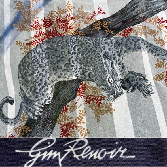🐆Vintage 70s Gim Renoir Square Cheetah Scarf Blue & White | Red Border | 33" Sq - Picture 1 of 17